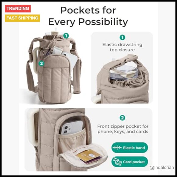 Quilted Crossbody Sling Bag Water Bottle Holder Multi-Pocket Gym Accessory - Picture 3 of 6